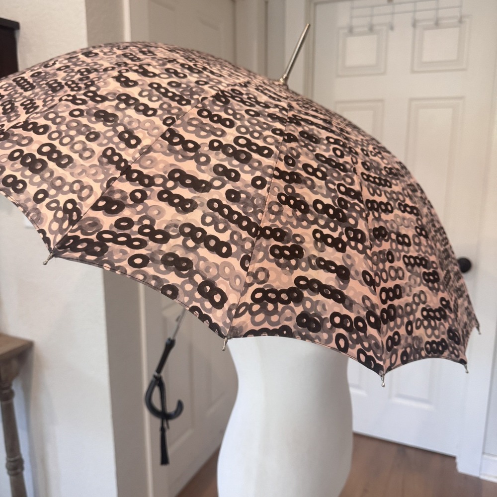 Vintage Black Tan Parasol Umbrella with Ornate Handle Abstract Print